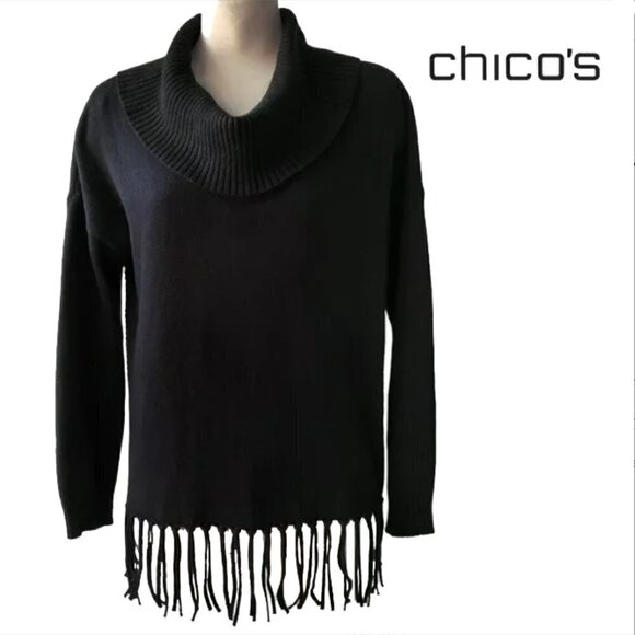 Chico’s Oversized Cowl Neck Fringe Detail Boho Sweater Black Size 0 (S) - Picture 1 of 10